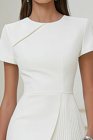 Ivory Pleated Work Dress with Short Sleeves